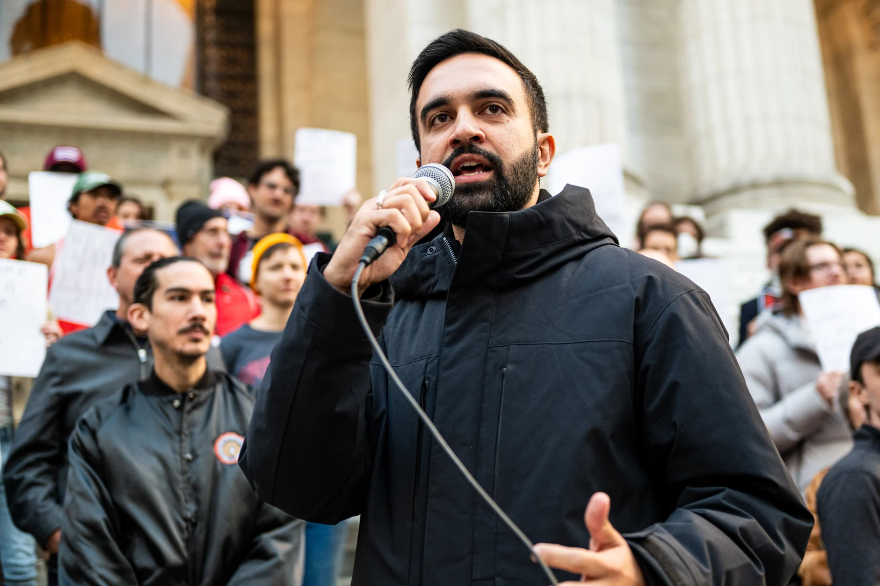 Zohran Mamdani speaking at the October 2024 Bryant Park rally